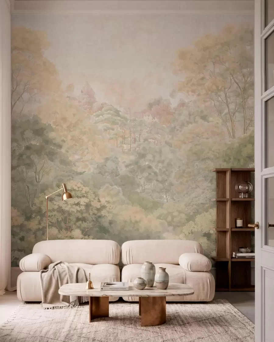 murales de pared Paisaje forestal de estilo vintage en tonos verdes apagados w05433