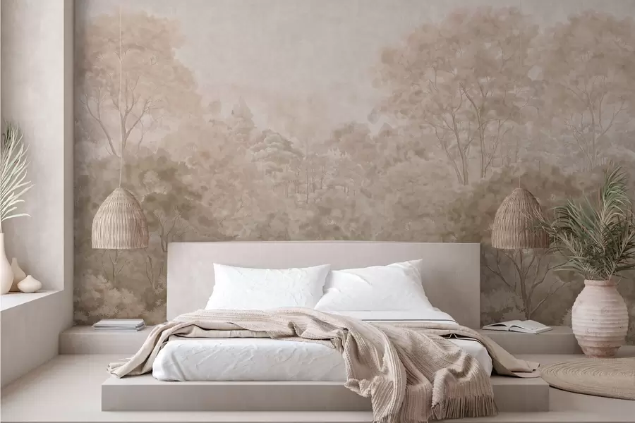 murales de pared Paisaje forestal de estilo vintage en cálidos tonos beige w05433v1
