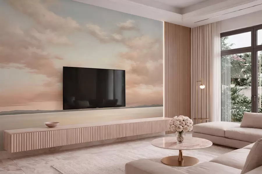 murales de pared Horizonte marino minimalista con nubes en tonos pastel w05516