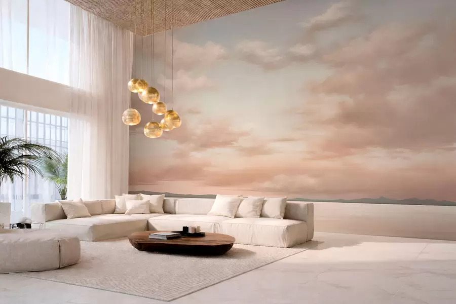 murales de pared Horizonte marino minimalista con nubes en tonos pastel w05516