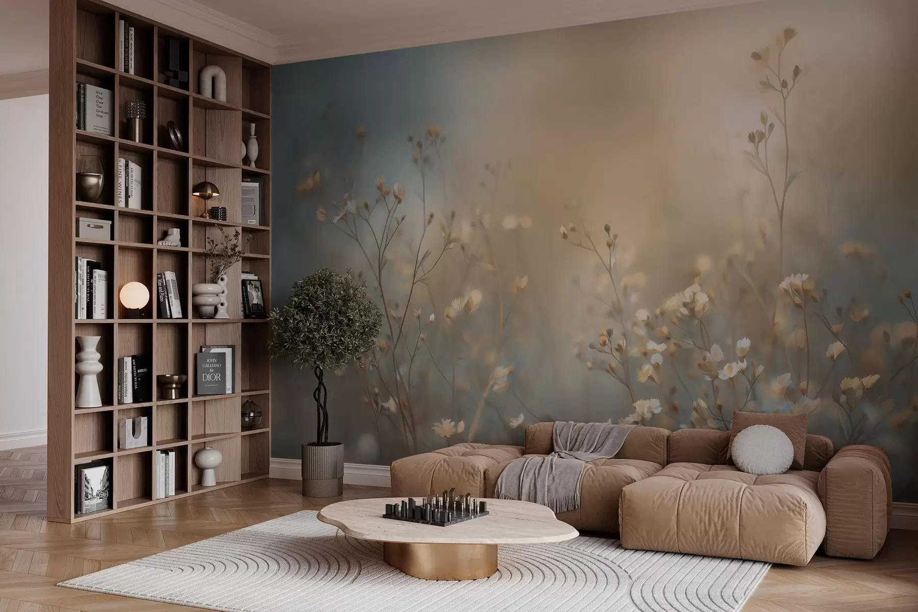 murales de pared hierbas de campo con flores pequeñas, con una profundidad de campo reducida w05386
