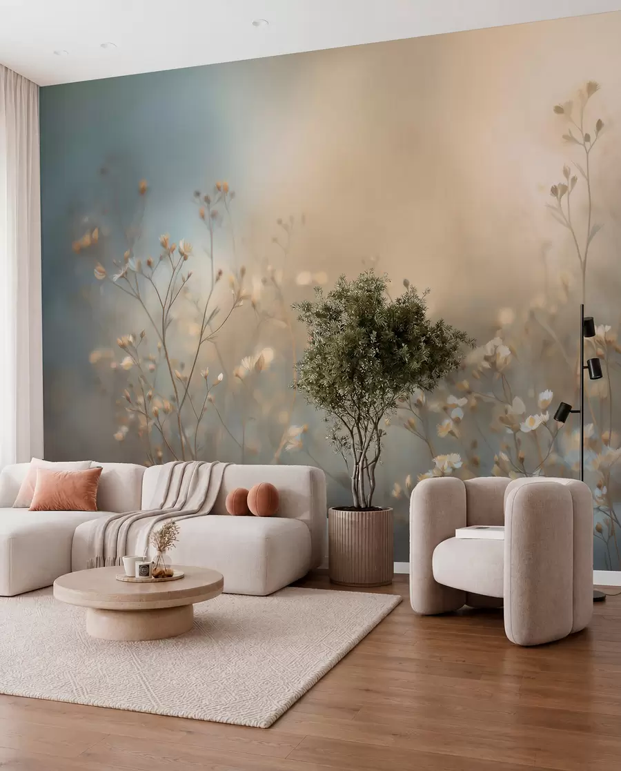 murales de pared hierbas de campo con flores pequeñas, con una profundidad de campo reducida w05386