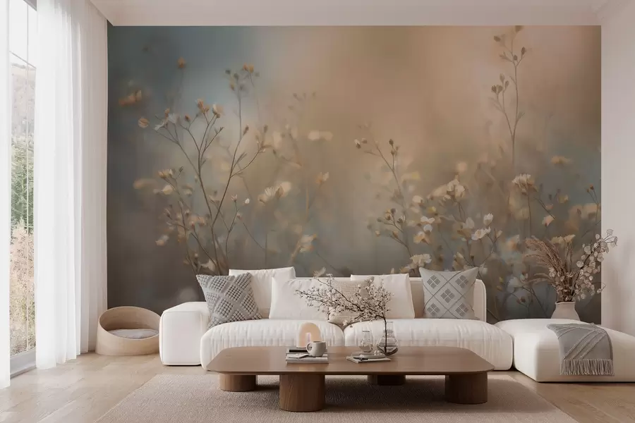 murales de pared hierbas de campo con flores pequeñas, con una profundidad de campo reducida w05386