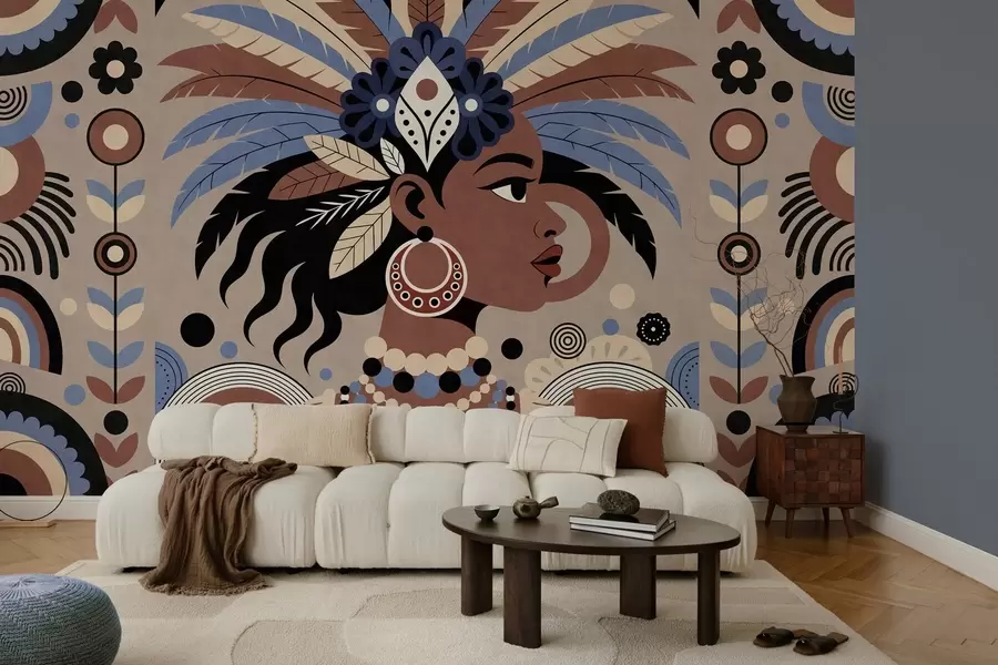 murales de pared un elegante diseño de inspiración africana en tonos azules y marrón chocolate w05389