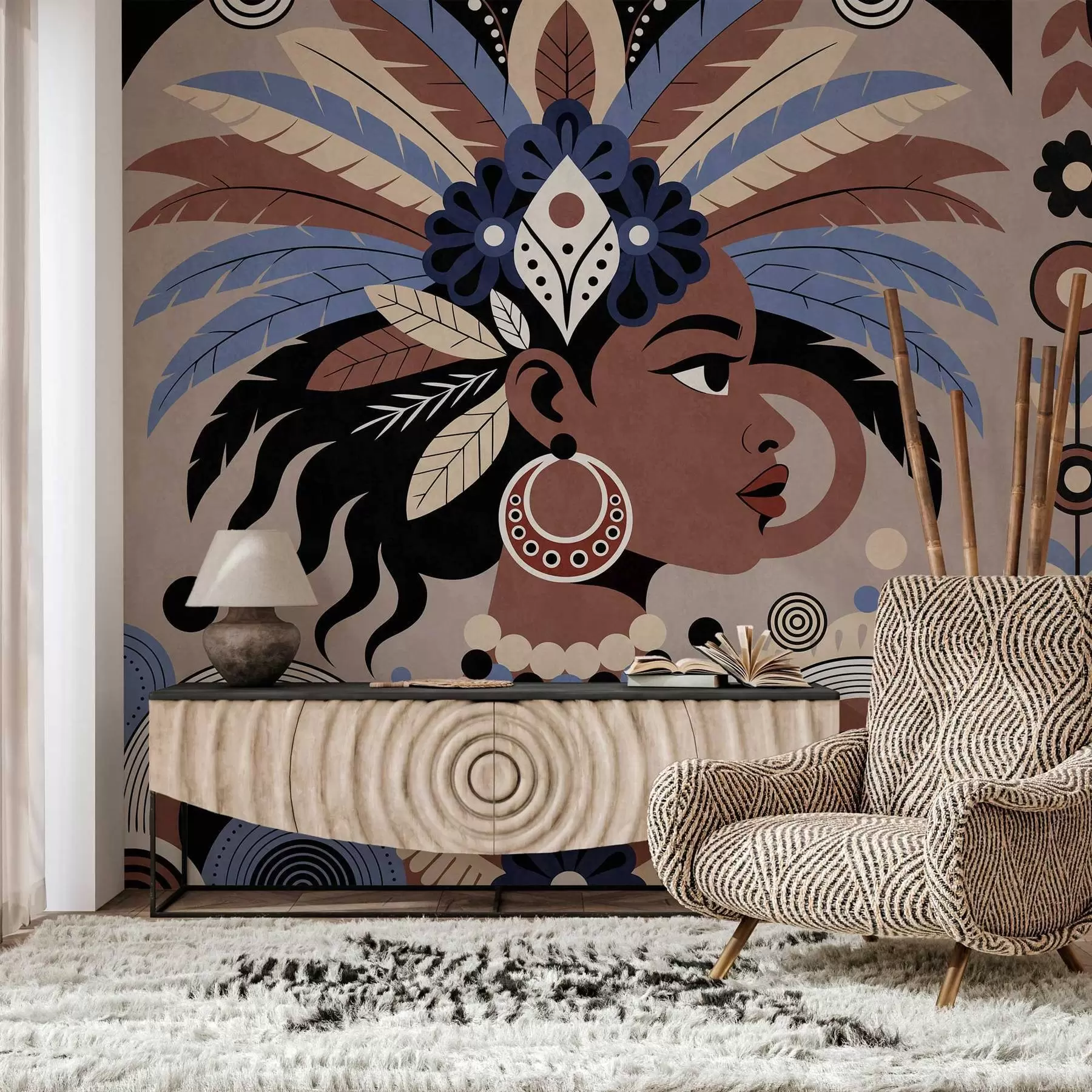 murales de pared un elegante diseño de inspiración africana en tonos azules y marrón chocolate w05389