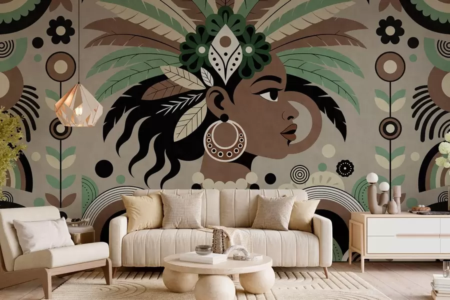 murales de pared un elegante diseño de inspiración africana en tonos verdes, marrones y beige w05389v1