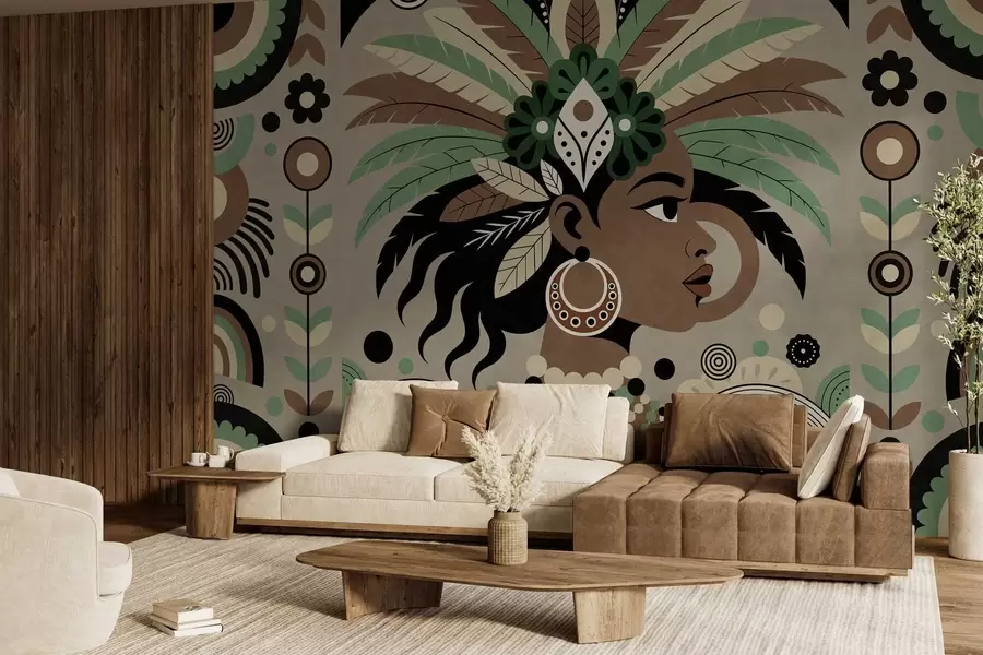 murales de pared un elegante diseño de inspiración africana en tonos verdes, marrones y beige w05389v1
