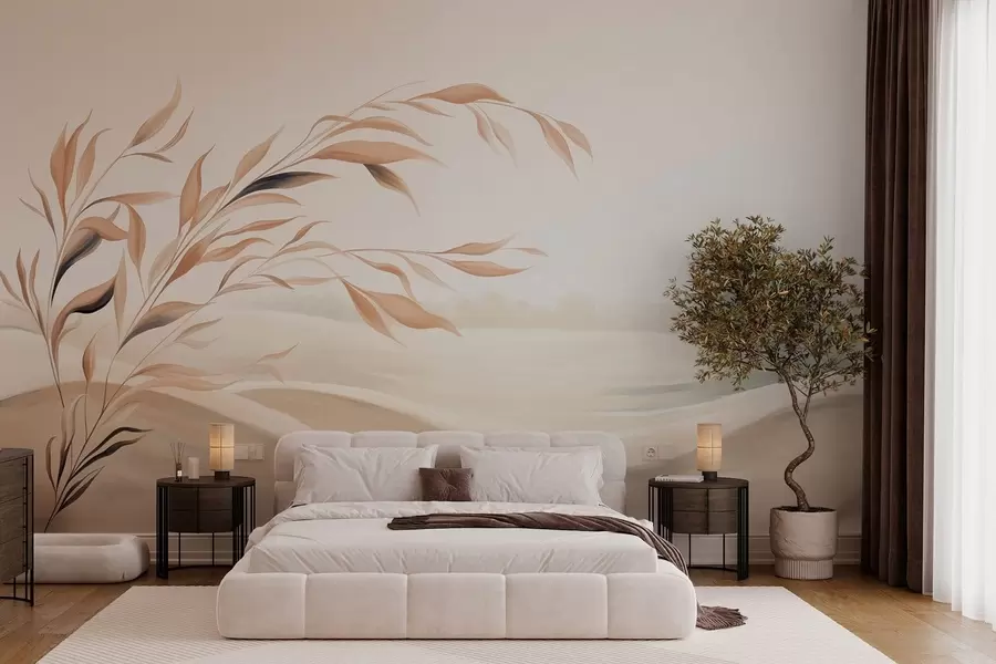 murales de pared Un paisaje apacible con una rama sobre las colinas, en tonos beige claro w05297