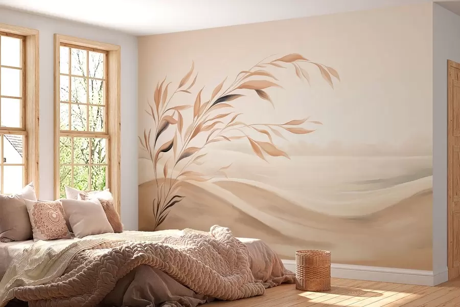 murales de pared Un paisaje apacible con una rama sobre las colinas, en tonos beige claro w05297