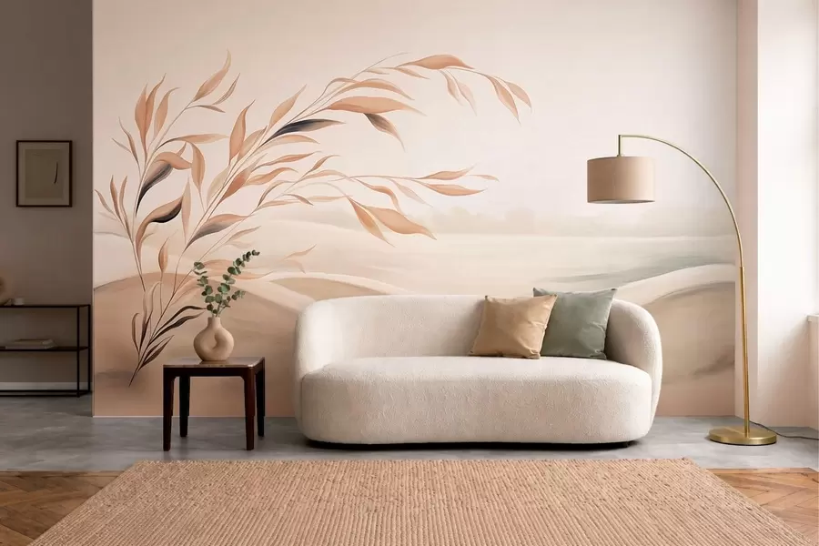 murales de pared Un paisaje apacible con una rama sobre las colinas, en tonos beige claro w05297