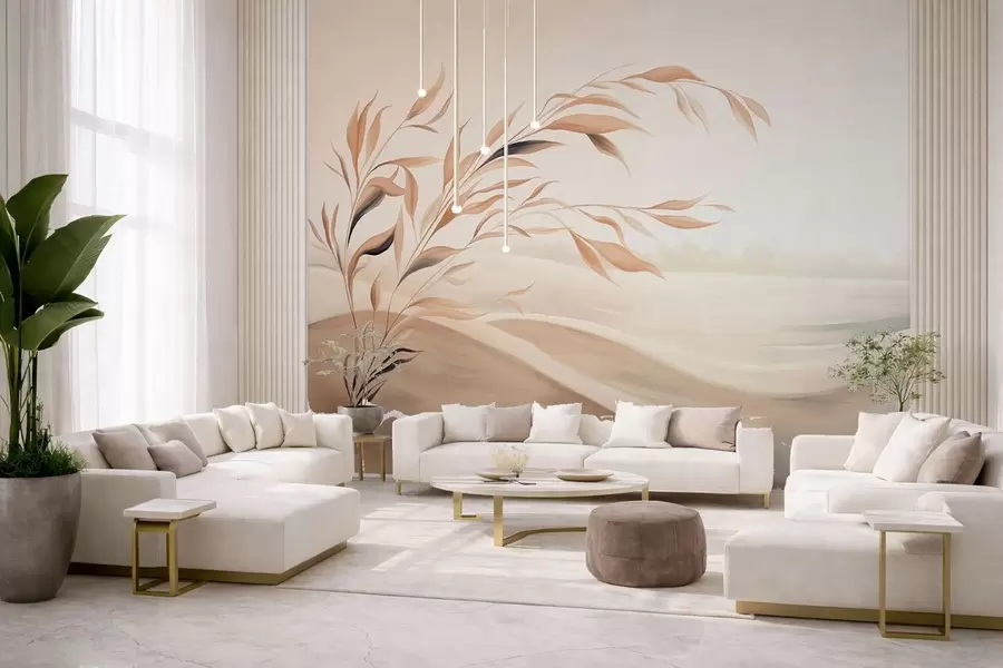 murales de pared Un paisaje apacible con una rama sobre las colinas, en tonos beige claro w05297