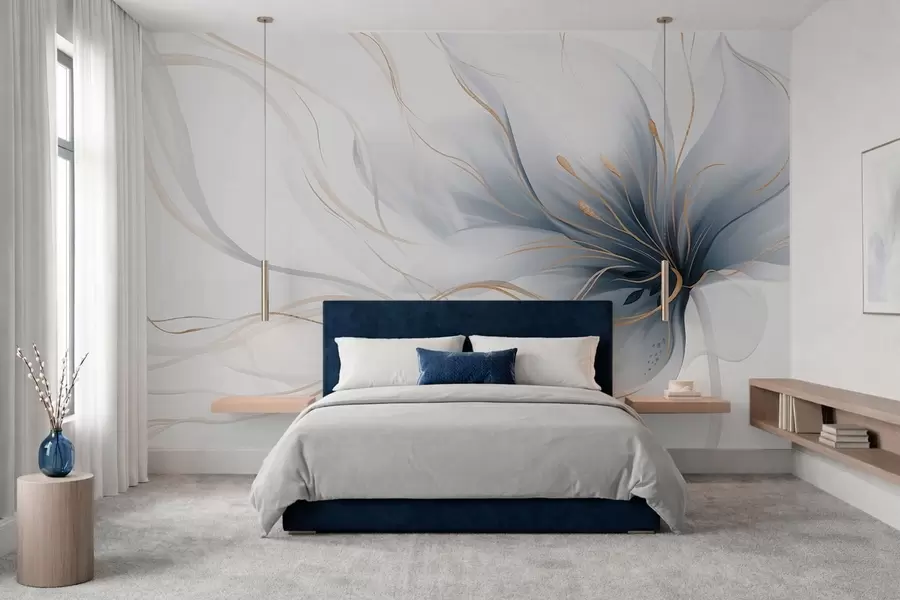 murales de pared Una flor azul abstracta con líneas fluidas al estilo del arte fluido w05428