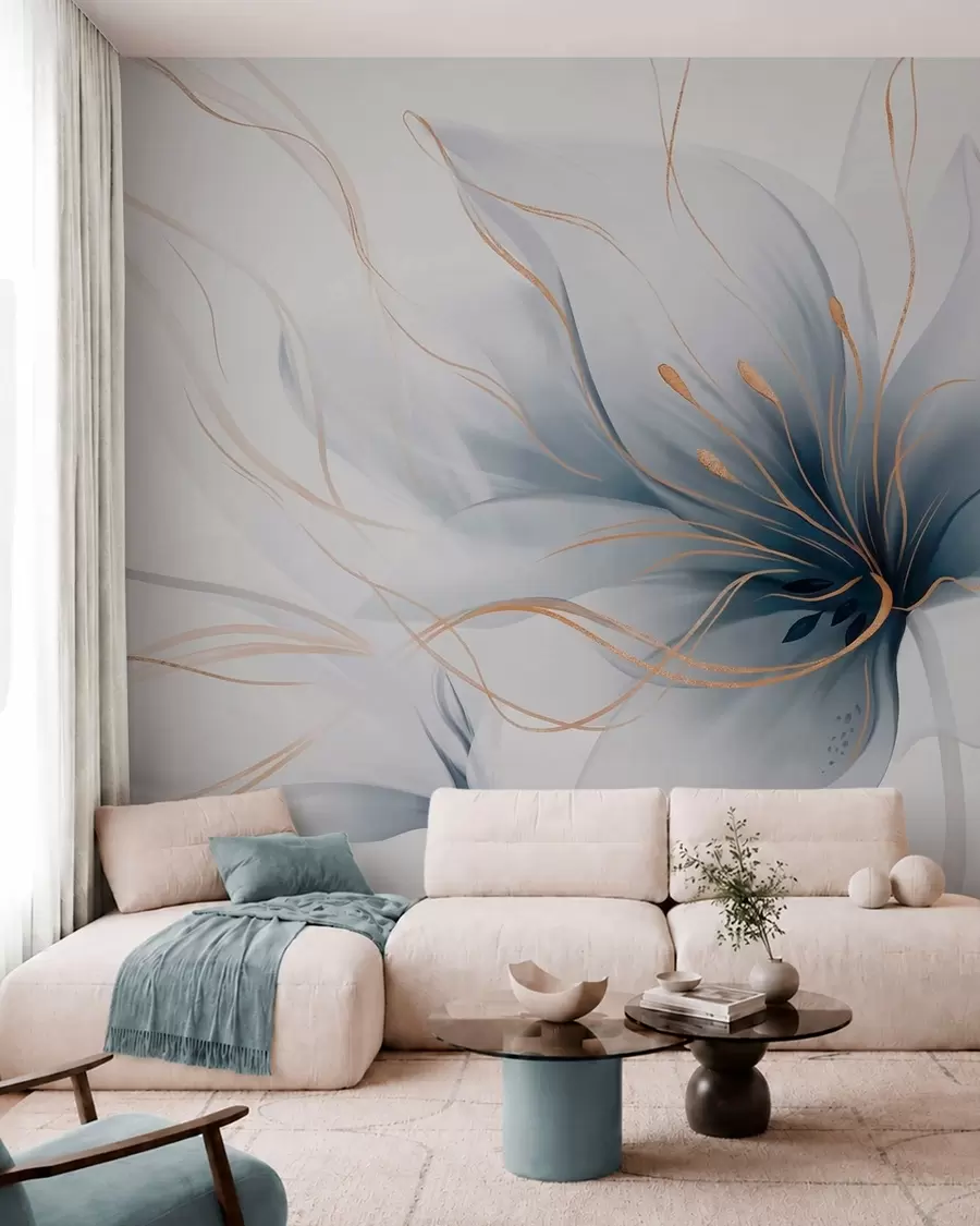 murales de pared Una flor azul abstracta con líneas fluidas al estilo del arte fluido w05428
