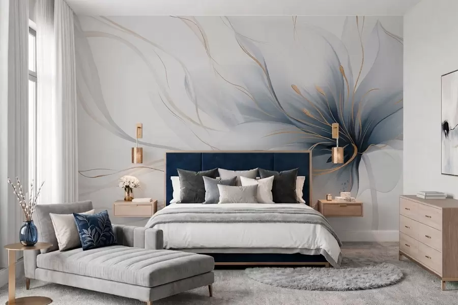 murales de pared Una flor azul abstracta con líneas fluidas al estilo del arte fluido w05428
