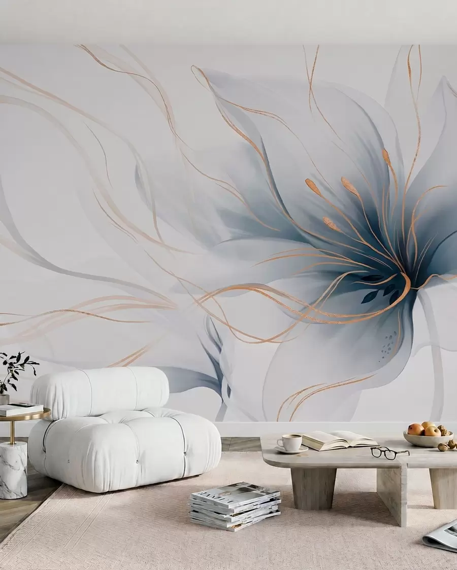murales de pared Una flor azul abstracta con líneas fluidas al estilo del arte fluido w05428