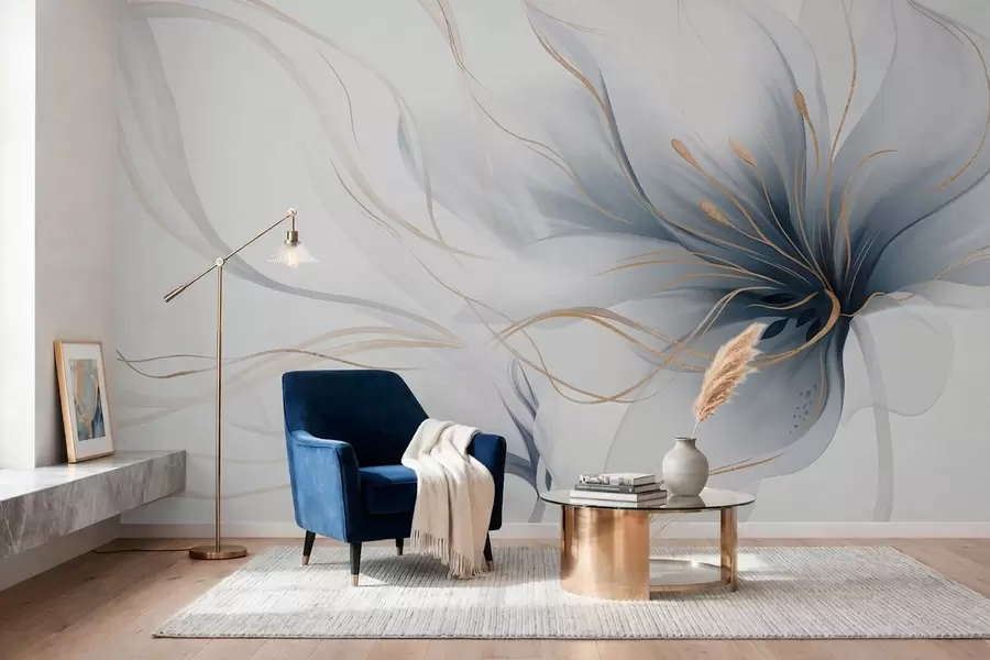murales de pared Una flor azul abstracta con líneas fluidas al estilo del arte fluido w05428