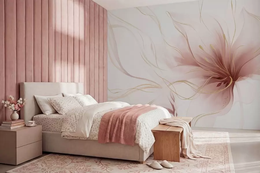 murales de pared Una flor rosa abstracta con líneas fluidas al estilo del arte fluido w05428v1
