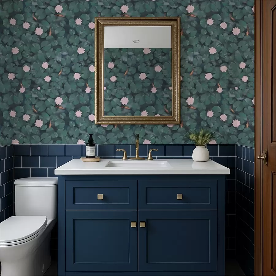 murales de pared Nenúfares con flores y peces sobre fondo oscuro a01177