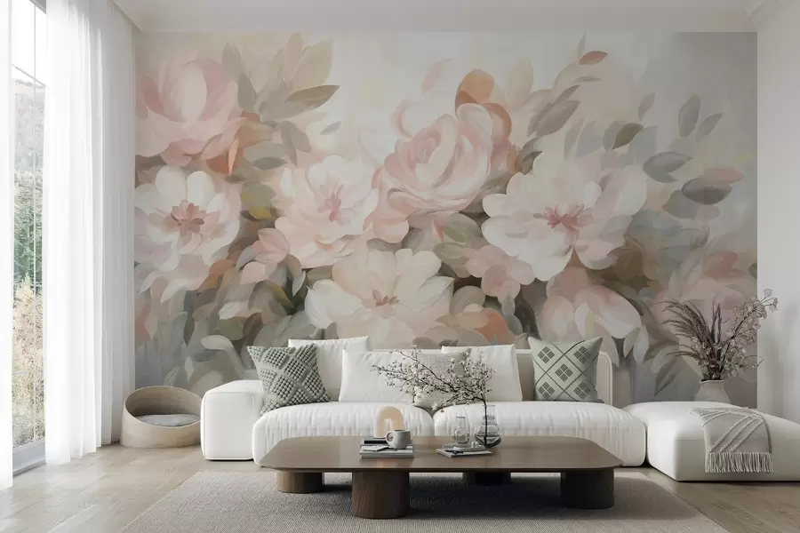 murales de pared Flores de color rosa pálido y blanco con hojas verdes, estilo pictórico, estilo impresionista, arte texturizado w09824