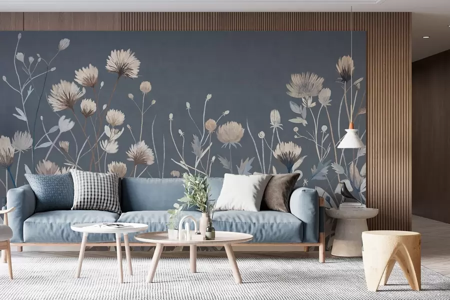 murales de pared Flores silvestres y hierbas representadas con un estilo pictórico sobre un fondo azul oscuro w05563v1
