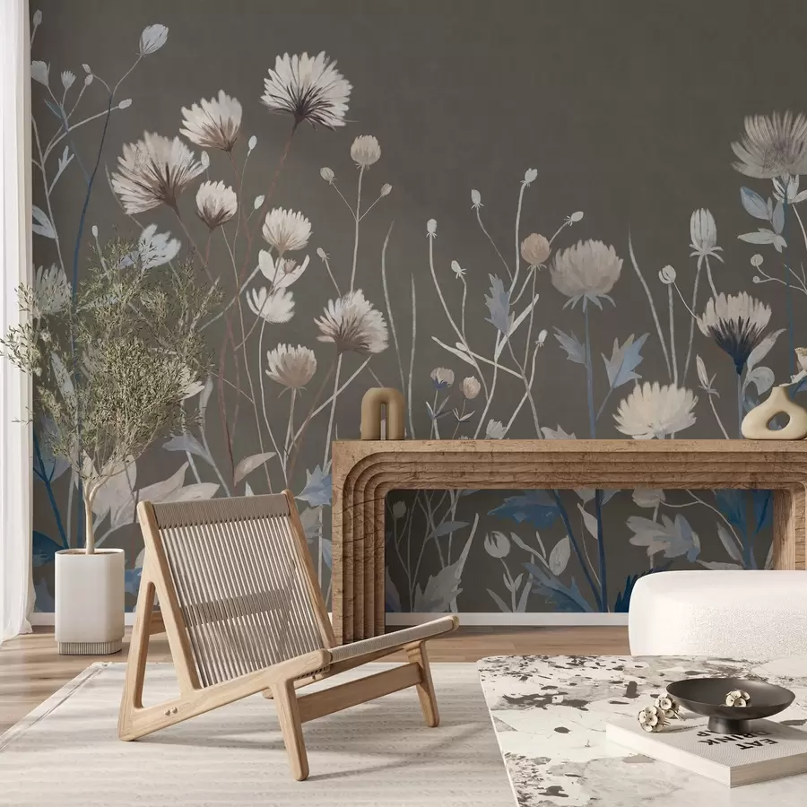 murales de pared Hierbas y flores silvestres de campo representadas con un estilo pictórico sobre un fondo gris-marrón w05563v2