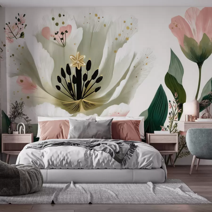 murales de pared Una flor con hojas verdes y toques de color rosa pálido en estilo acuarela w09836