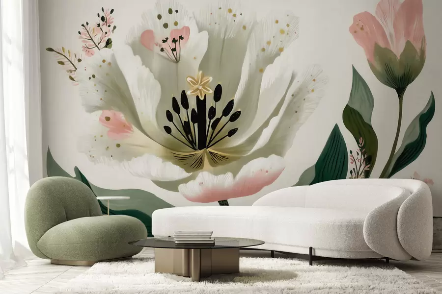murales de pared Una flor con hojas verdes y toques de color rosa pálido en estilo acuarela w09836