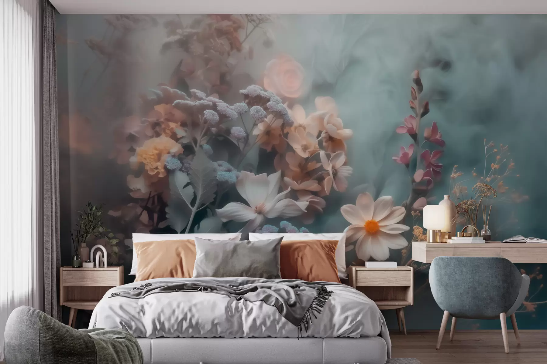 murales de pared Una composición de ensueño de flores silvestres envuelta en una ligera bruma de tonos pastel w09846