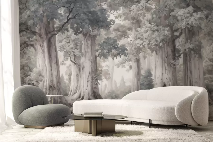 murales de pared Un bosque de cuento de hadas con árboles altos y una paleta de colores suaves y tenues, al estilo de la acuarela w09849