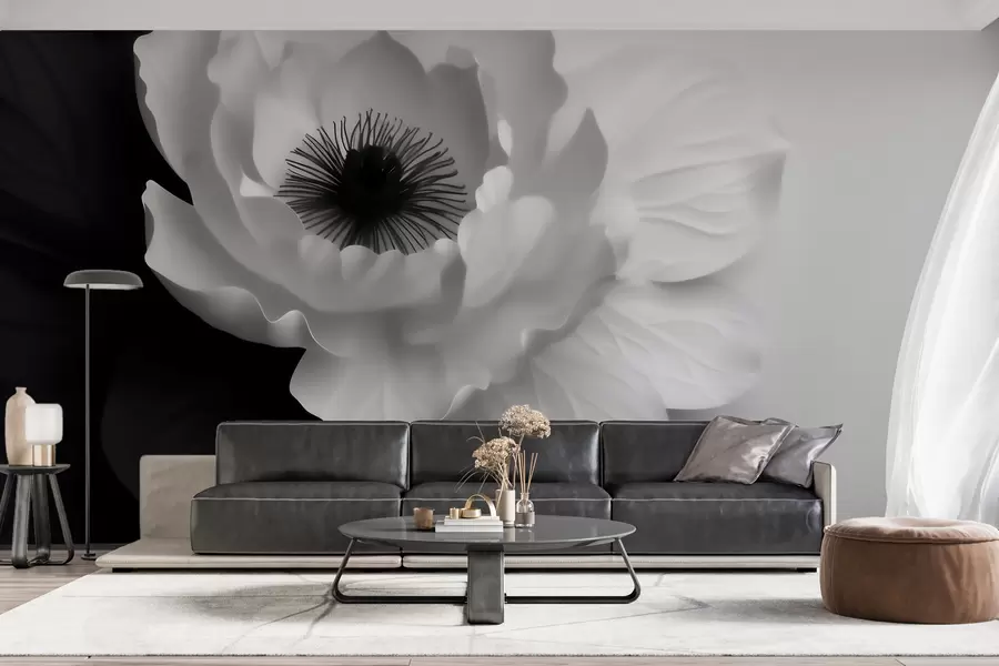 murales de pared Una flor blanca que contrasta con un centro oscuro sobre un fondo en blanco y negro w09852