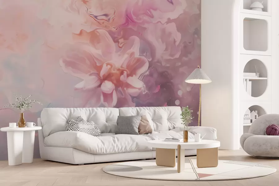 murales de pared Una composición abstracta con una flor y suaves tonos rosados en estilo acuarela w09859