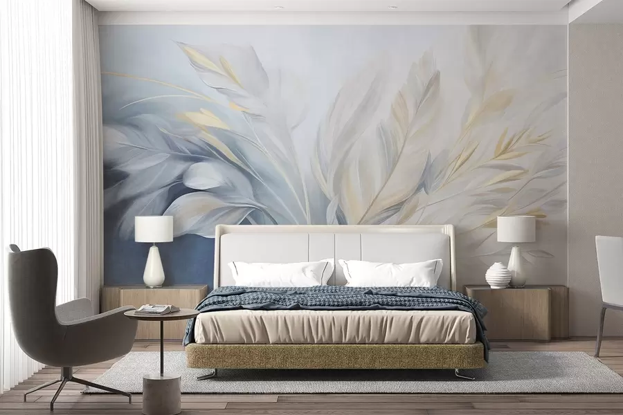 murales de pared Plumas con textura y detalles en amarillo, sobre un fondo suave de azul claro y blanco w09826