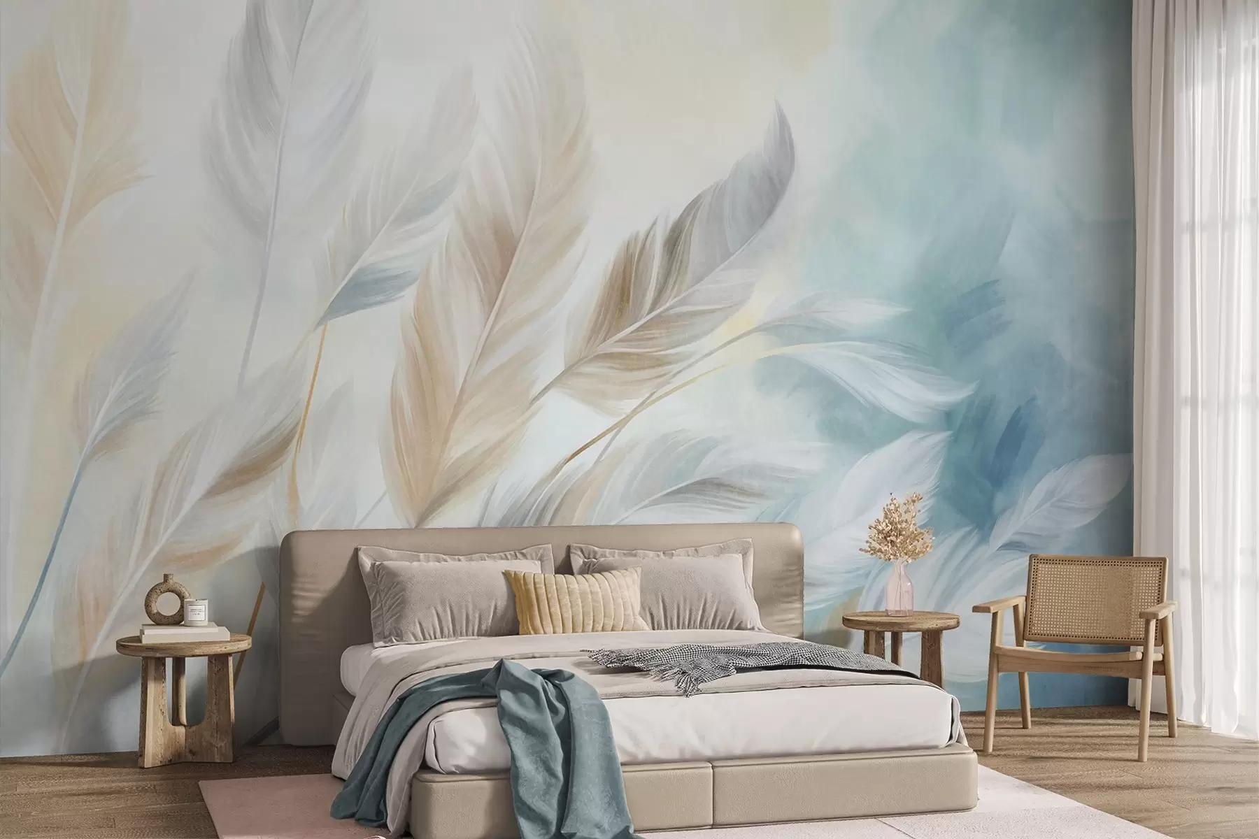 murales de pared Plumas en tonos pastel con textura y bordes suaves y difuminados, sobre un fondo de estilo acuarela w09833