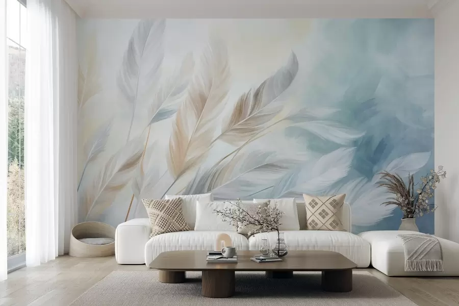 murales de pared Plumas en tonos pastel con textura y bordes suaves y difuminados, sobre un fondo de estilo acuarela w09833