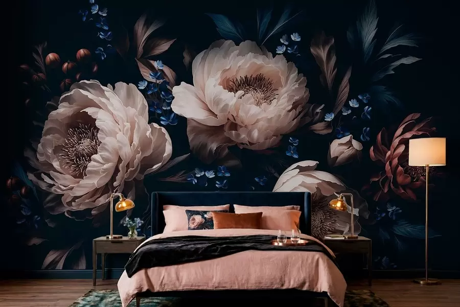murales de pared Composición floral en tonos oscuros con flores y hojas grandes w05533