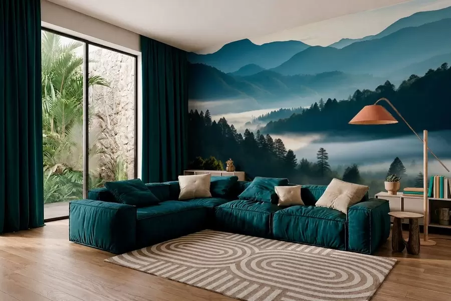 murales de pared Paisaje montañoso con niebla y bosques al amanecer w05573