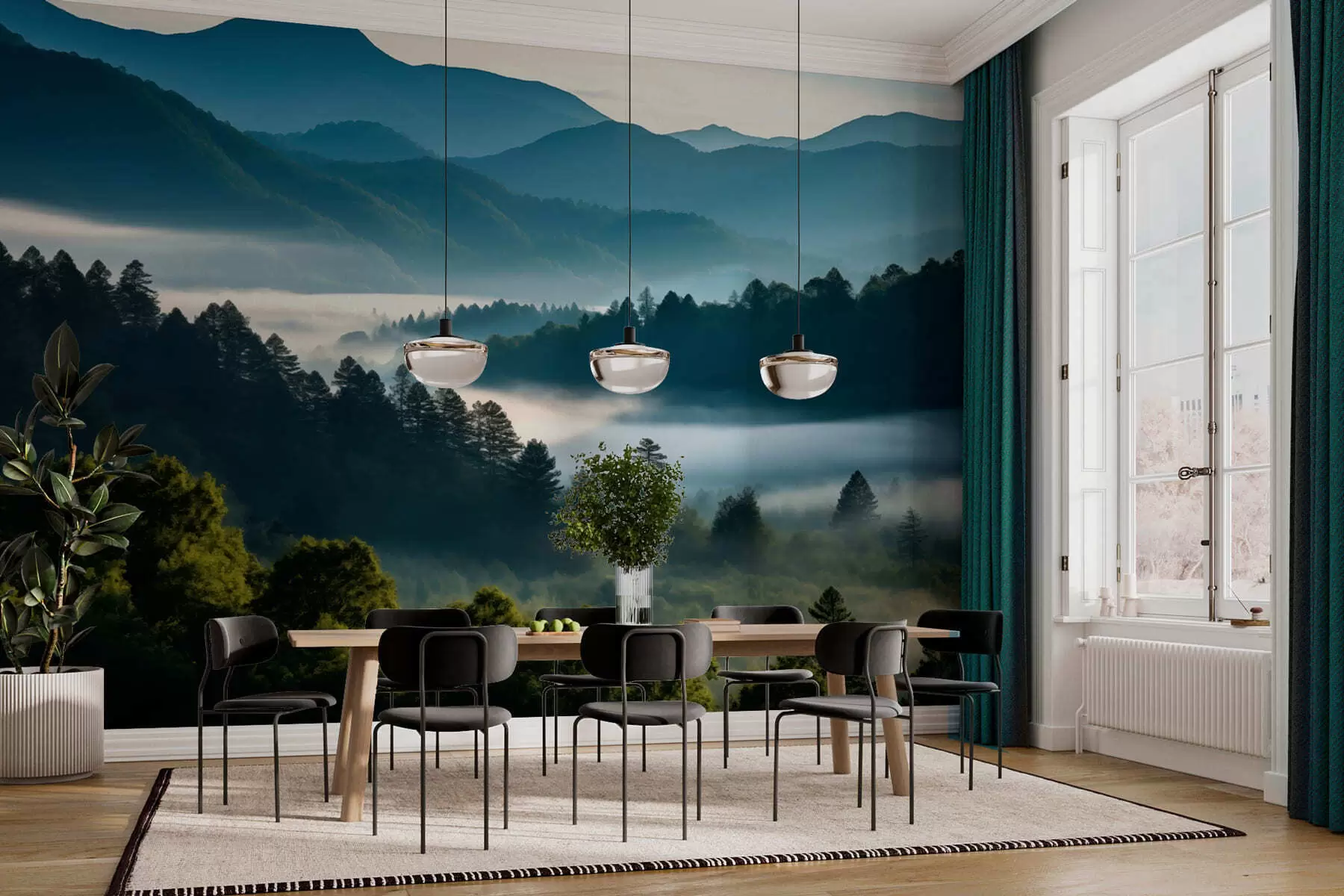 murales de pared Paisaje montañoso con niebla y bosques al amanecer w05573