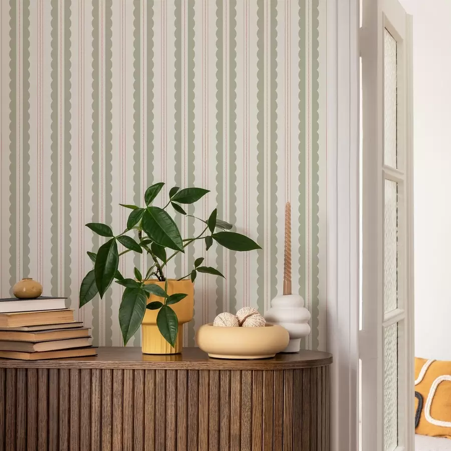 murales de pared Rayas onduladas de color verde claro con lunares naranjas a01185v3