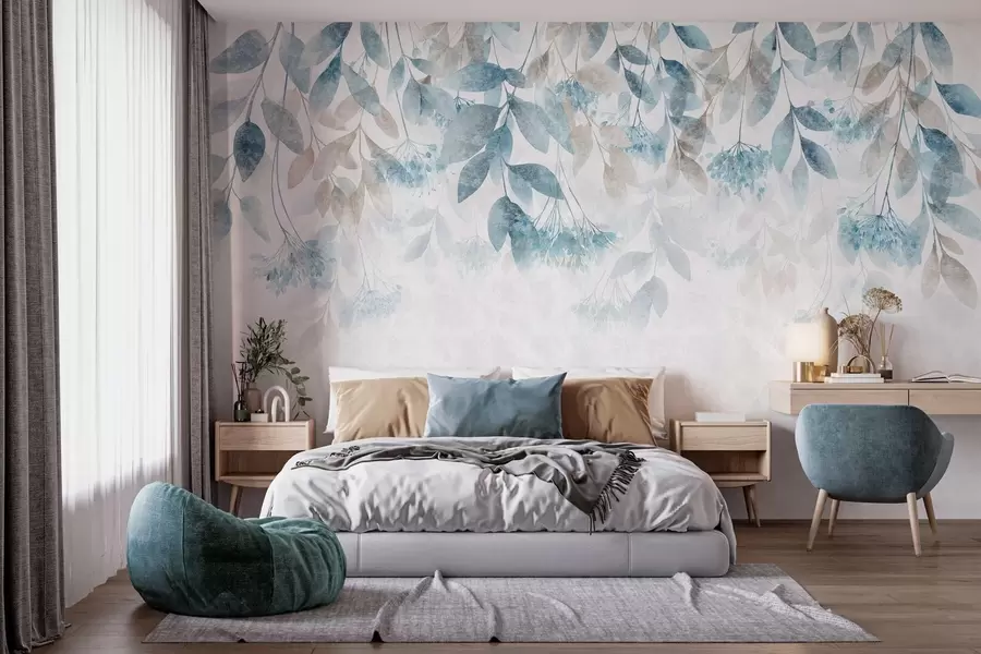murales de pared hojas con textura que caen en cascada, con flores en tonos turquesa y beige w05565