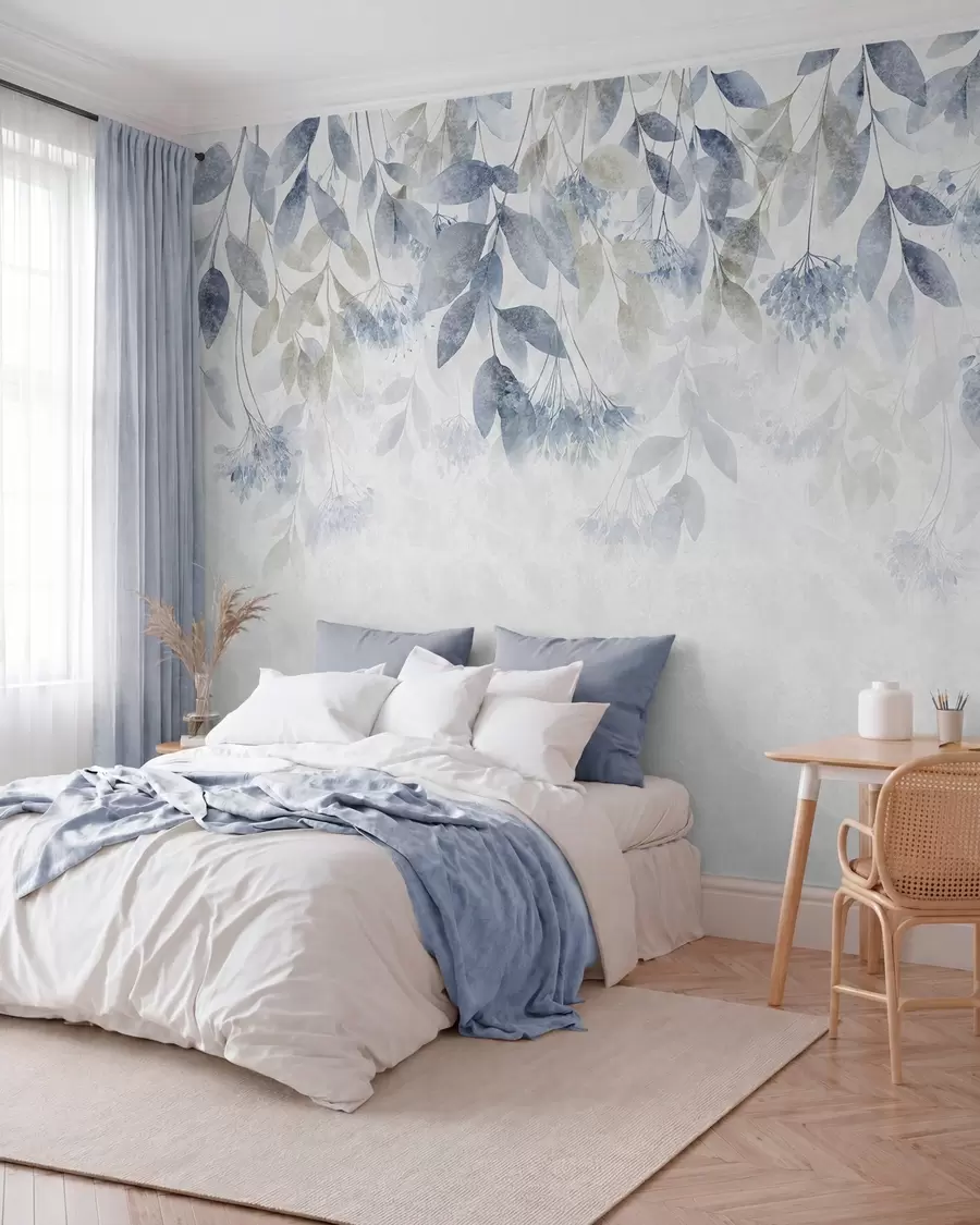 murales de pared hojas con textura y en cascada, con flores en tonos azules y beige w05565v1
