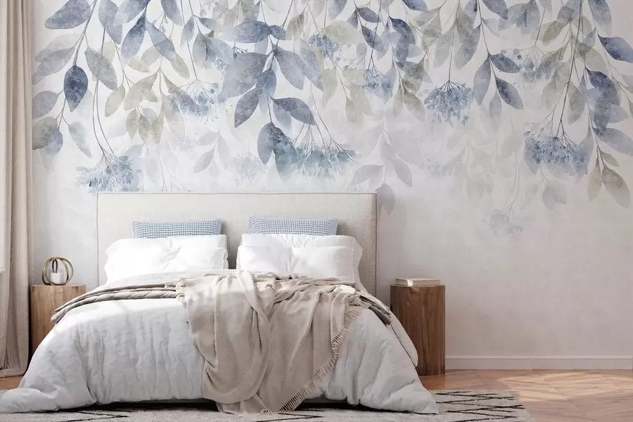 murales de pared hojas con textura y en cascada, con flores en tonos azules y beige w05565v1