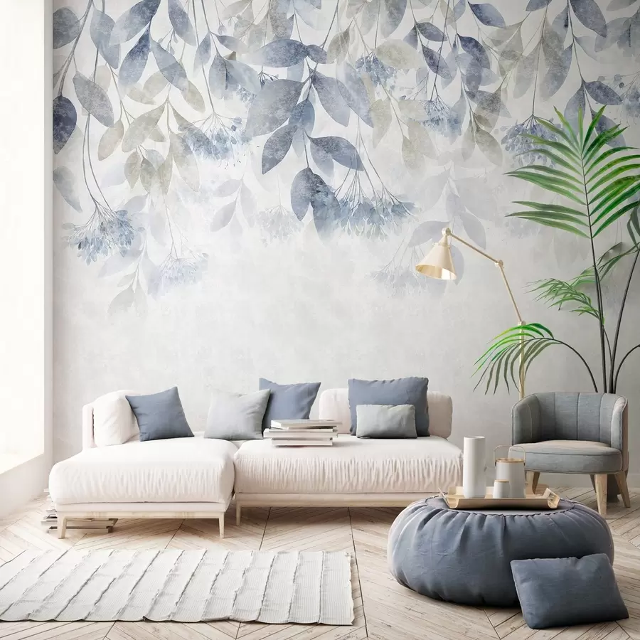 murales de pared hojas con textura y en cascada, con flores en tonos azules y beige w05565v1