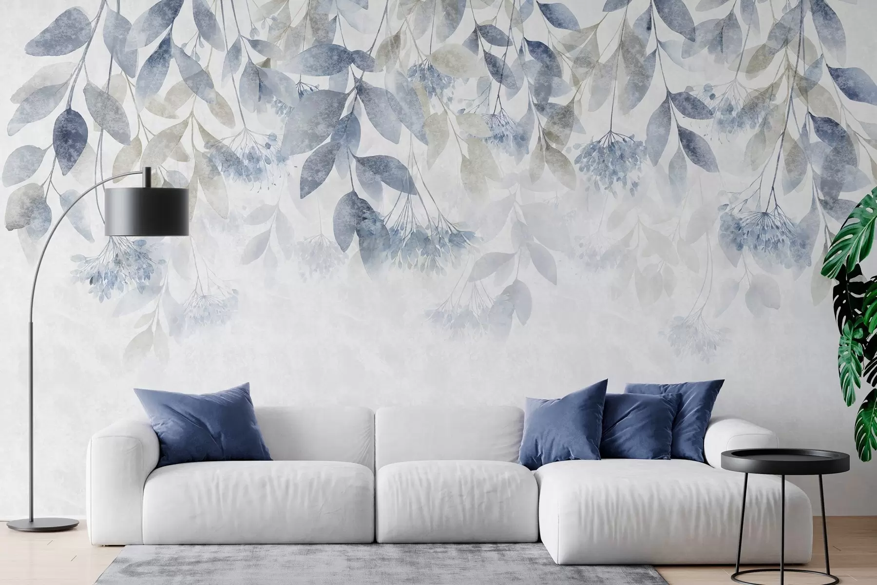 murales de pared hojas con textura y en cascada, con flores en tonos azules y beige w05565v1