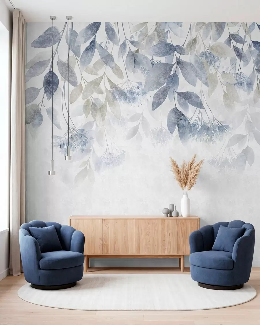 murales de pared hojas con textura y en cascada, con flores en tonos azules y beige w05565v1