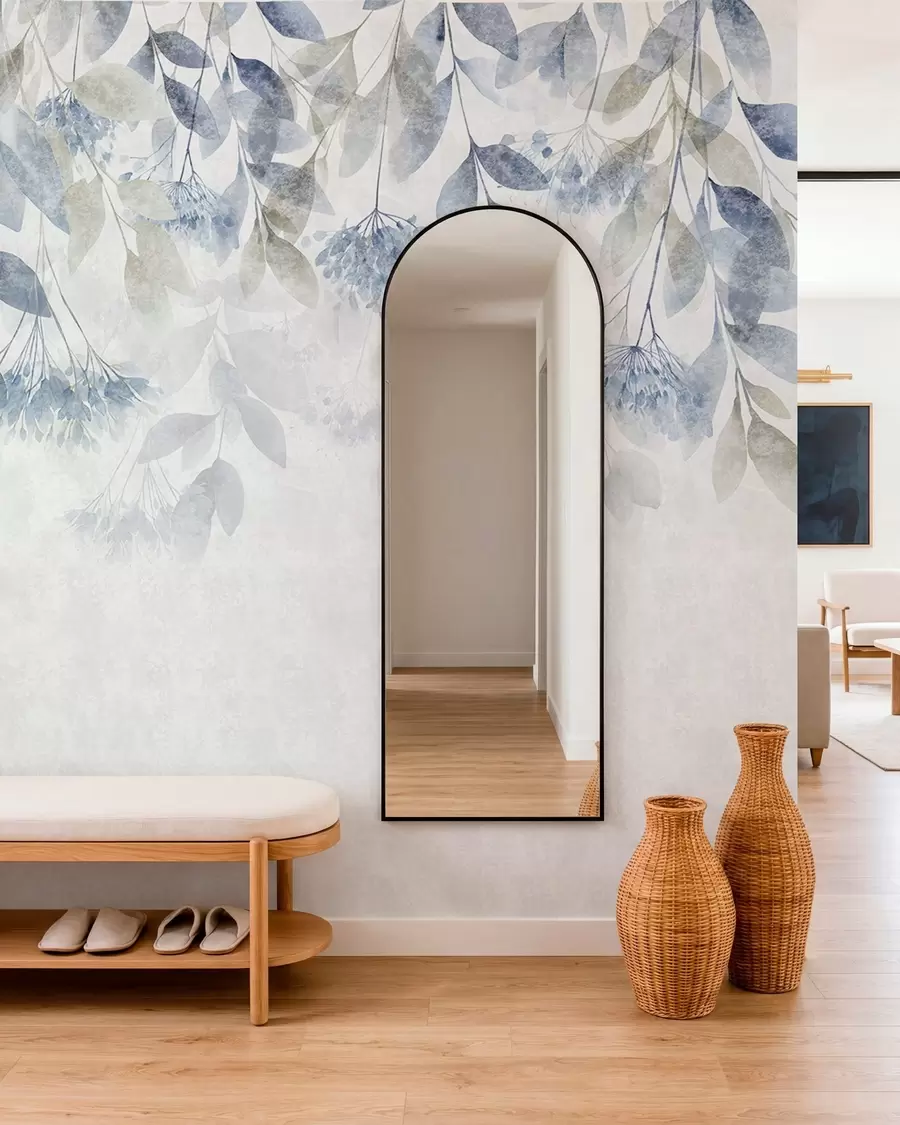murales de pared hojas con textura y en cascada, con flores en tonos azules y beige w05565v1