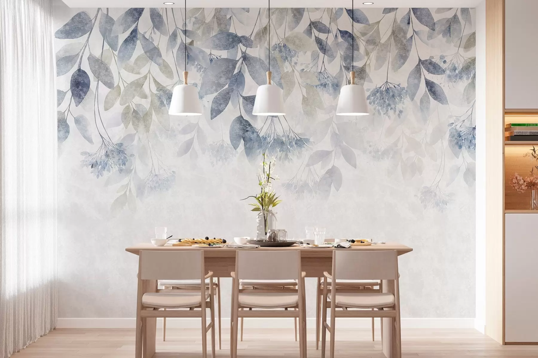 murales de pared hojas con textura y en cascada, con flores en tonos azules y beige w05565v1