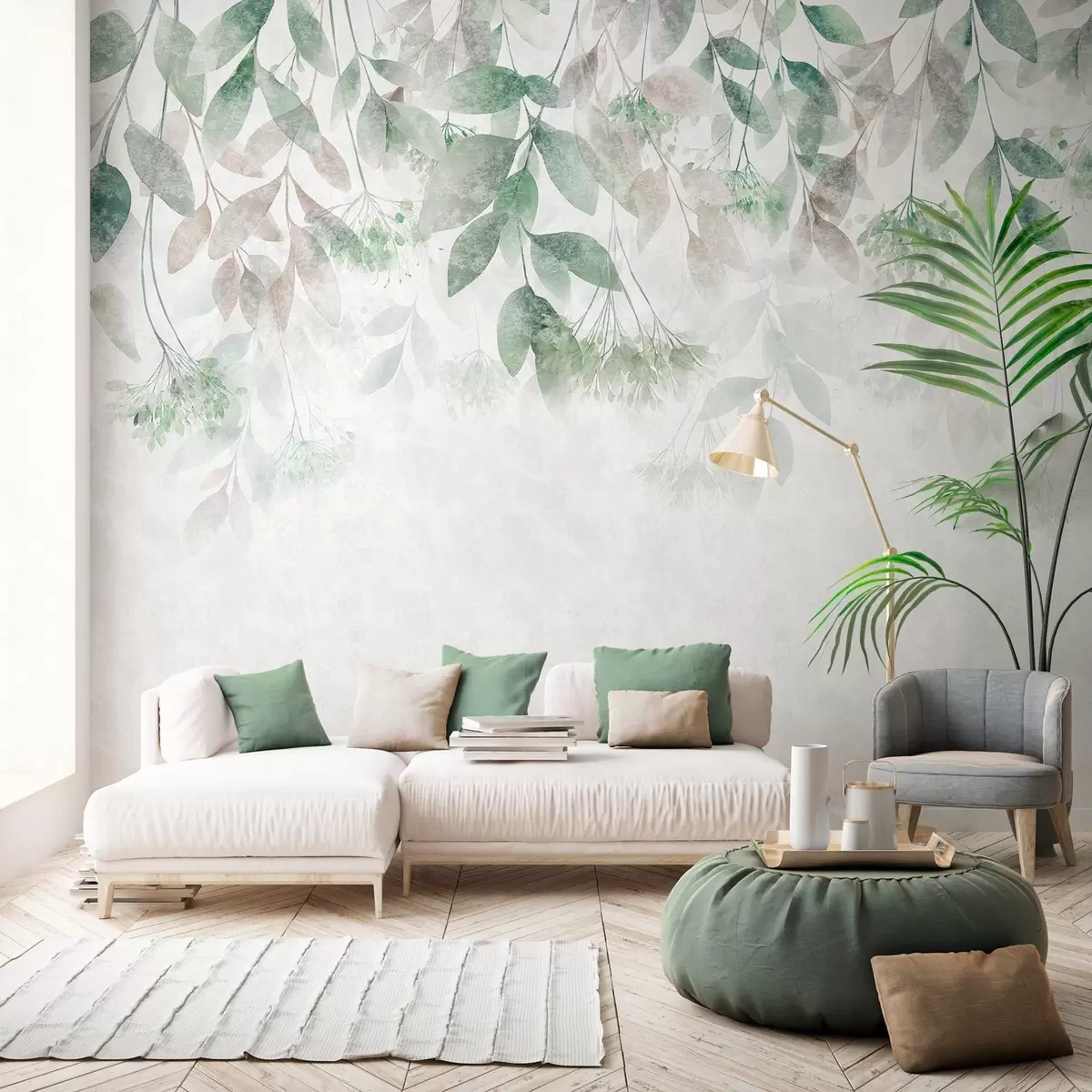 murales de pared hojas con textura y en cascada, con flores en tonos verdes y beige w05565v2