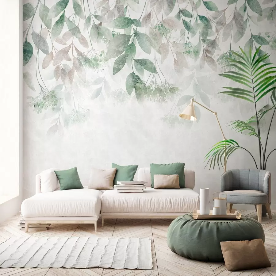 murales de pared hojas con textura y en cascada, con flores en tonos verdes y beige w05565v2