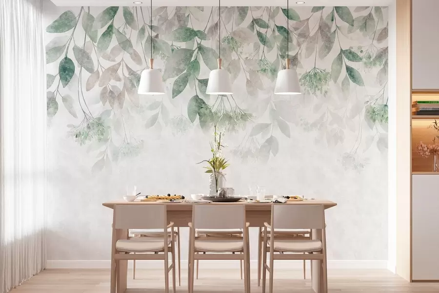 murales de pared hojas con textura y en cascada, con flores en tonos verdes y beige w05565v2