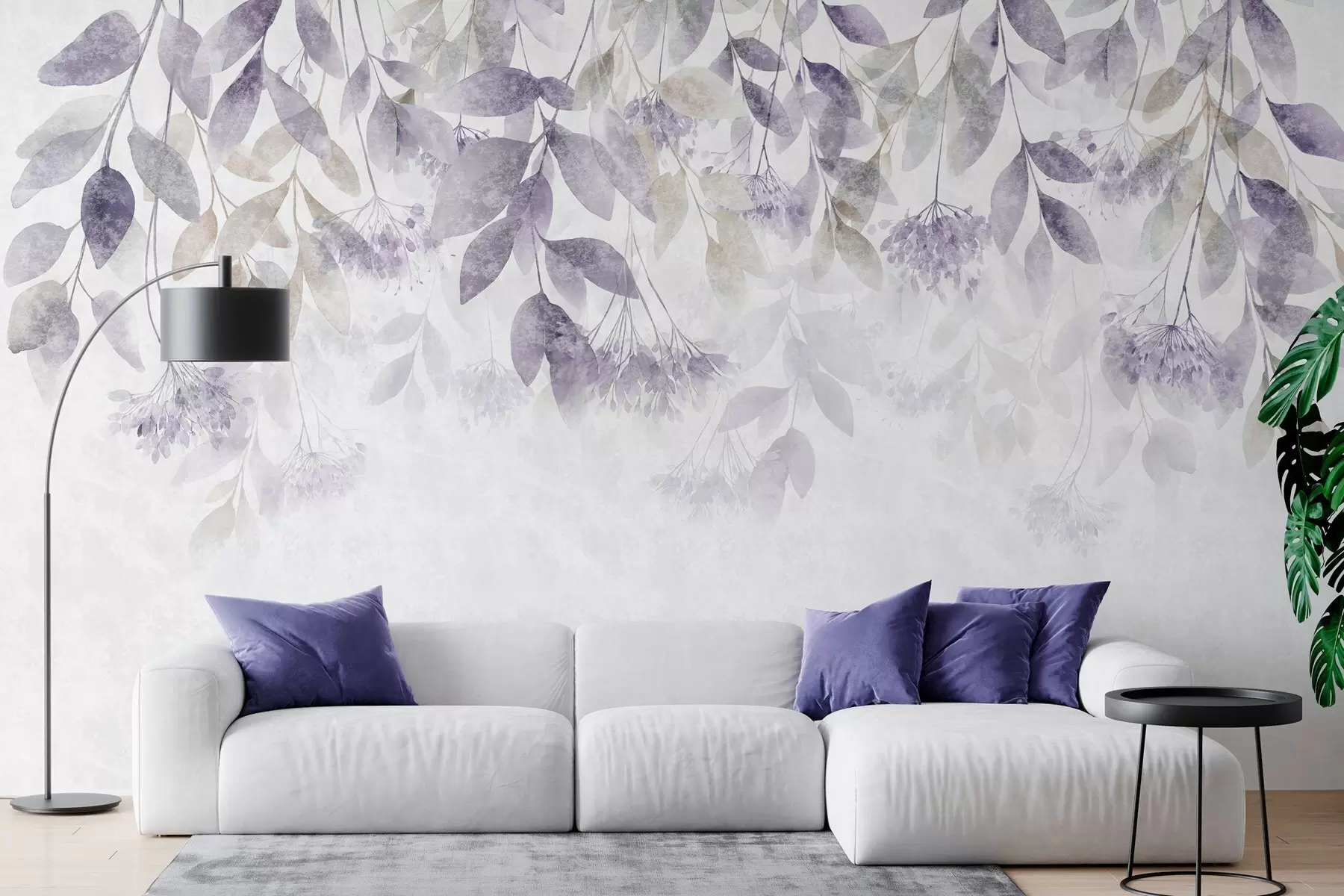 murales de pared hojas con textura y en cascada, con flores en tonos morados y beige w05565v3